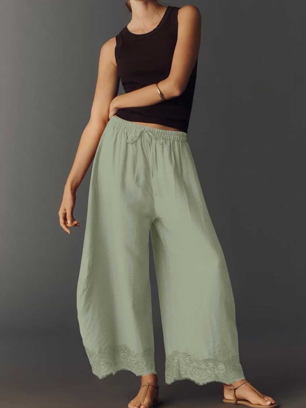 Amazon barrel Wide-Leg mint Sage lace Hem Pants
